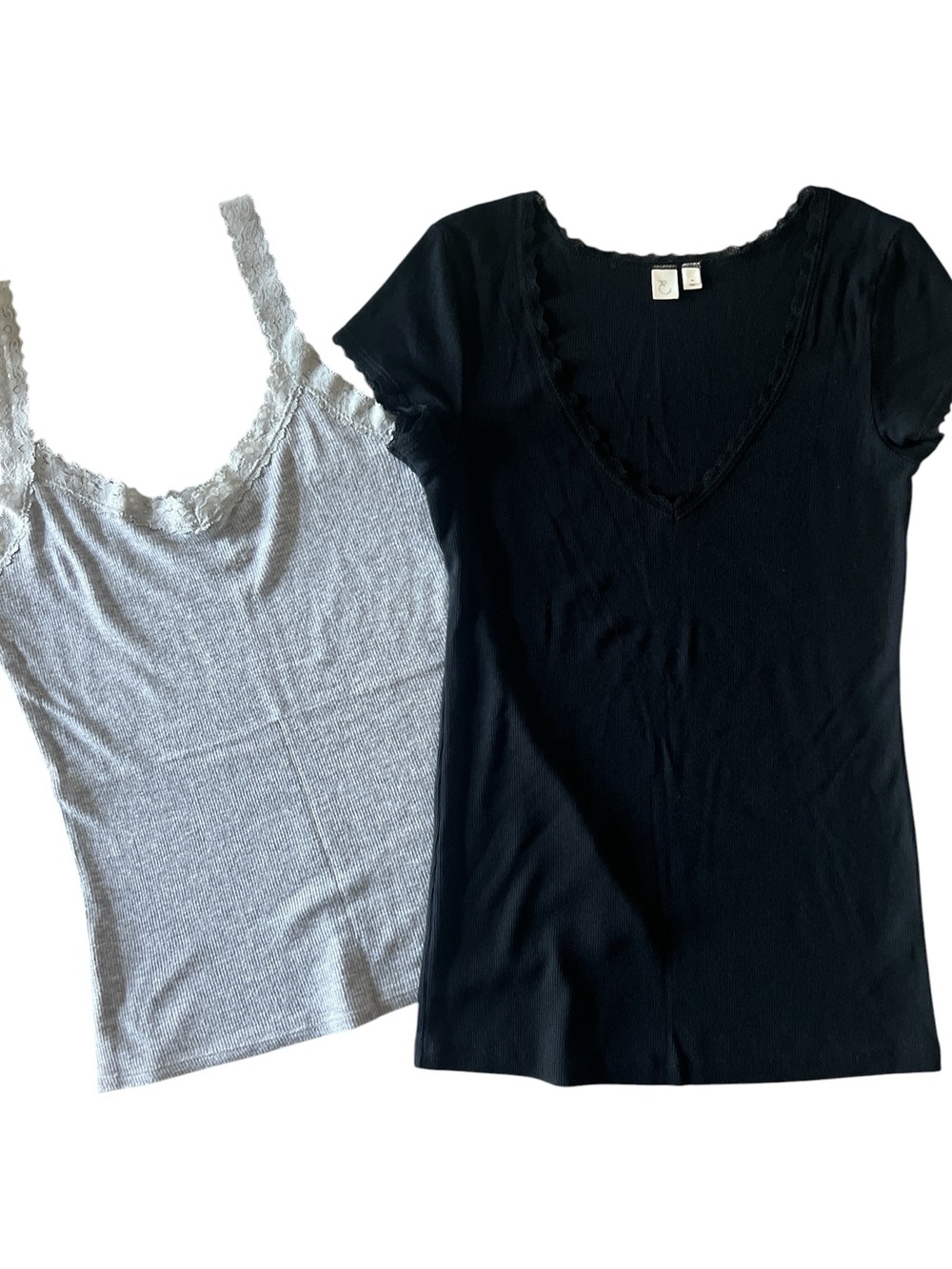 Anthropologie Black V-Neck Tee & Light Gray Lace-Trim Tank Duo
